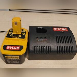 Ryobi P110 18V Charge Plus+ Charger and Ryobi P100 18V ONE+ Battery Together
